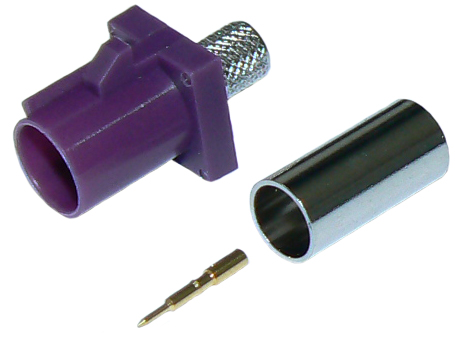 Fakra SMB male, solder pin, crimp connector for RG58 low loss coaxial cable, DC-6 GHz, 50 Ohms – bordeaux violet, Code D – Cellular, RAL 4004